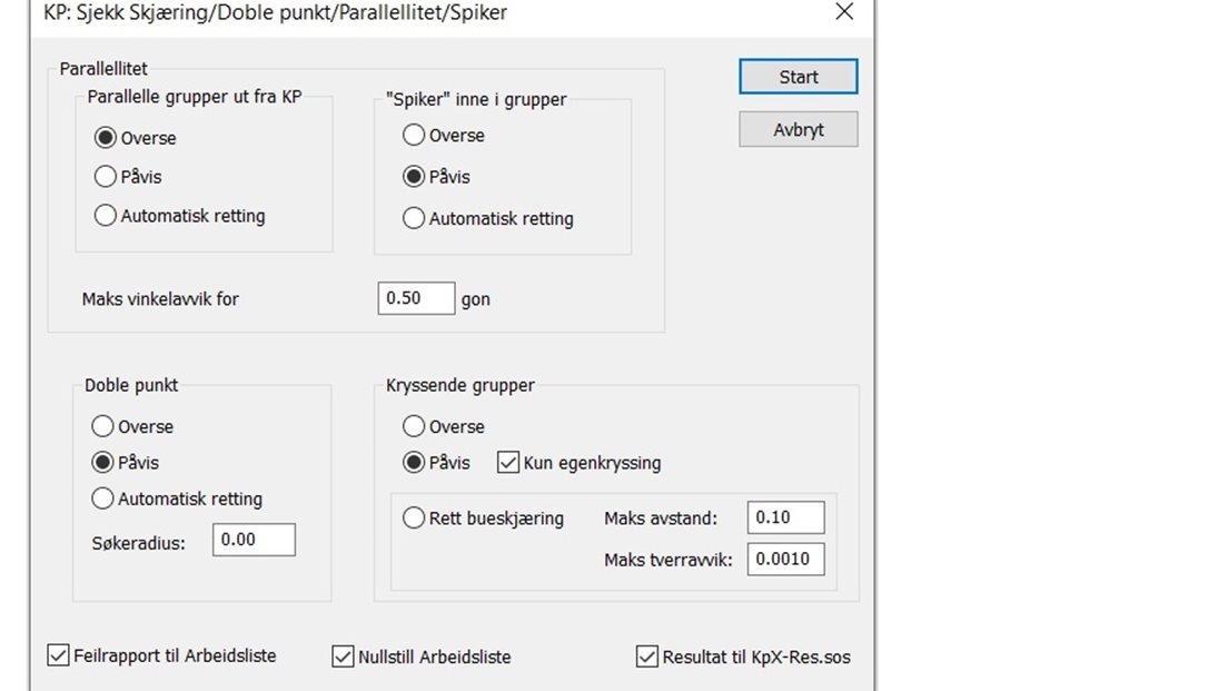 Skjermdump fra SOSI-kontroll som viser sjekk av kryssende linsjer