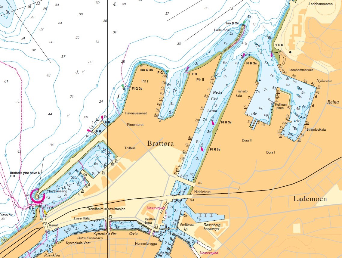 Utsnitt fra havnekart (sj&oslash;kart) som dekker farvann i Trondheim havn.
