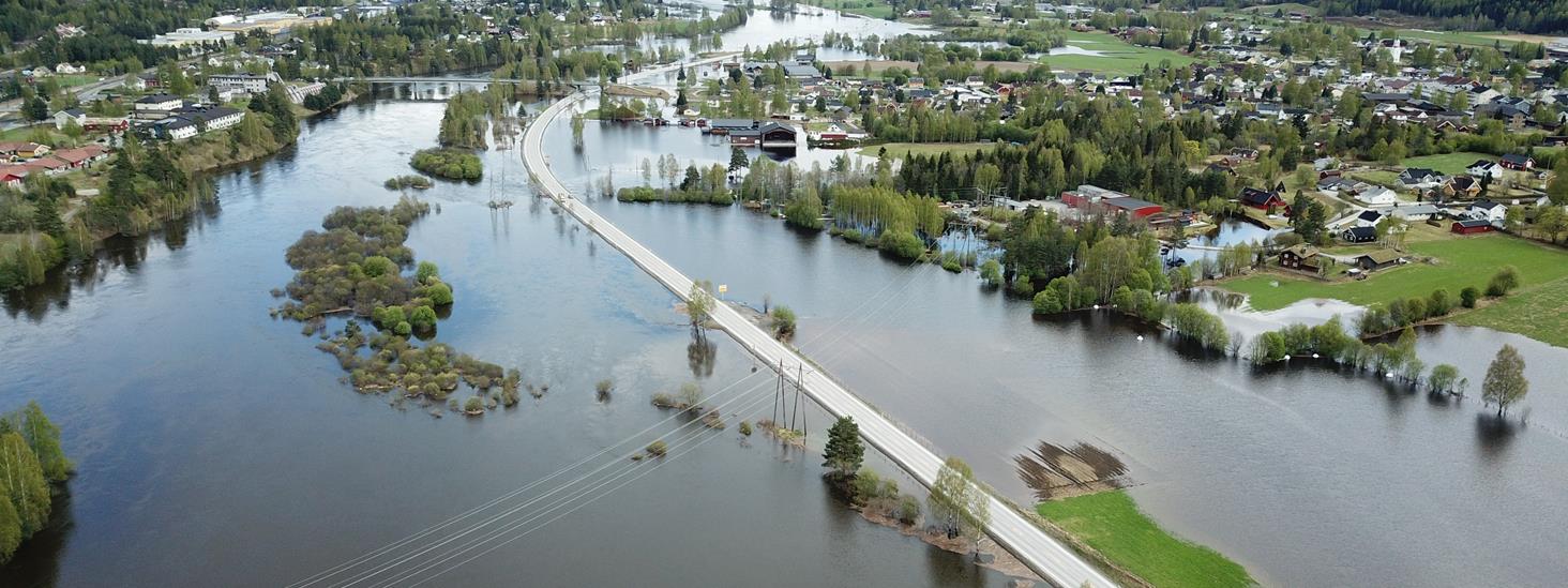 Dronebilde over flom i Nesbyen fra 2018. Foto: Knut Møen, NVE.