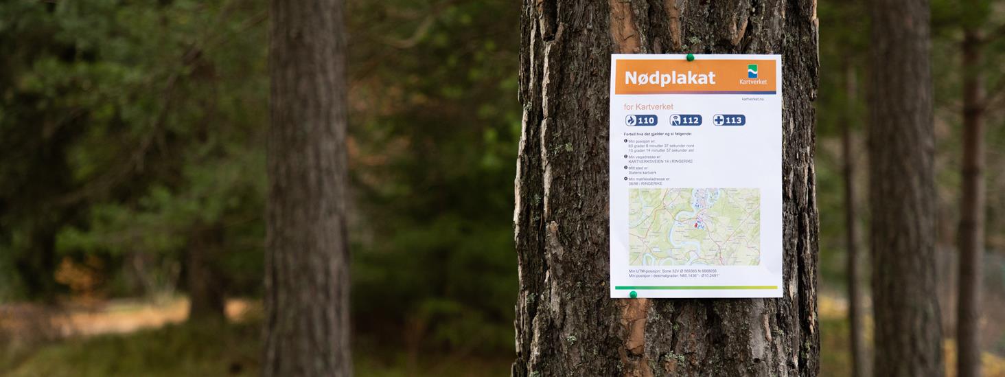 Kartverkets nødplakat henger på et tre ute i skogen
