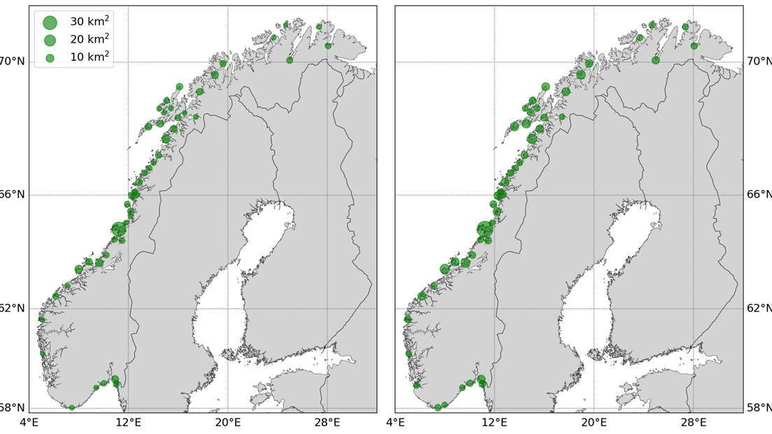 Norgeskart som viser de 50 kommunene med størst areal utsatt ved 200-års stormflo dersom denne inntreffer med dagens havnivå (venstre) og med havnivå framskrevet til 2090  (høyre).