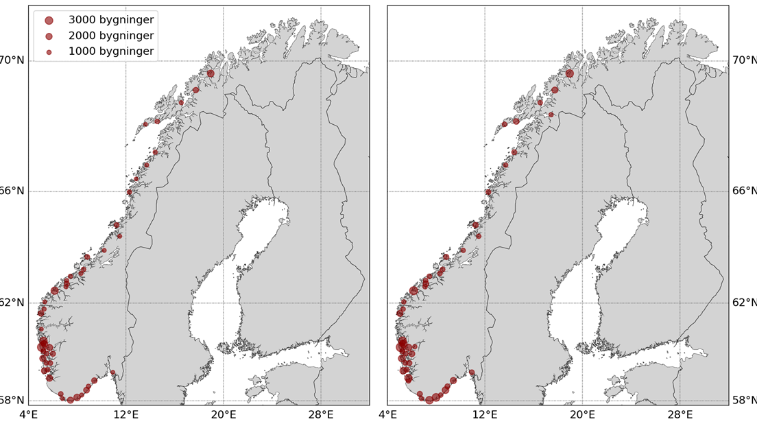 Norgeskart som viser de 50 kommunene som har flest utsatte bygninger ved 200 års stormflo dersom denne inntreffer med dagens havnivå (venstre) og med havnivå framskrevet til 2090 (høyre).