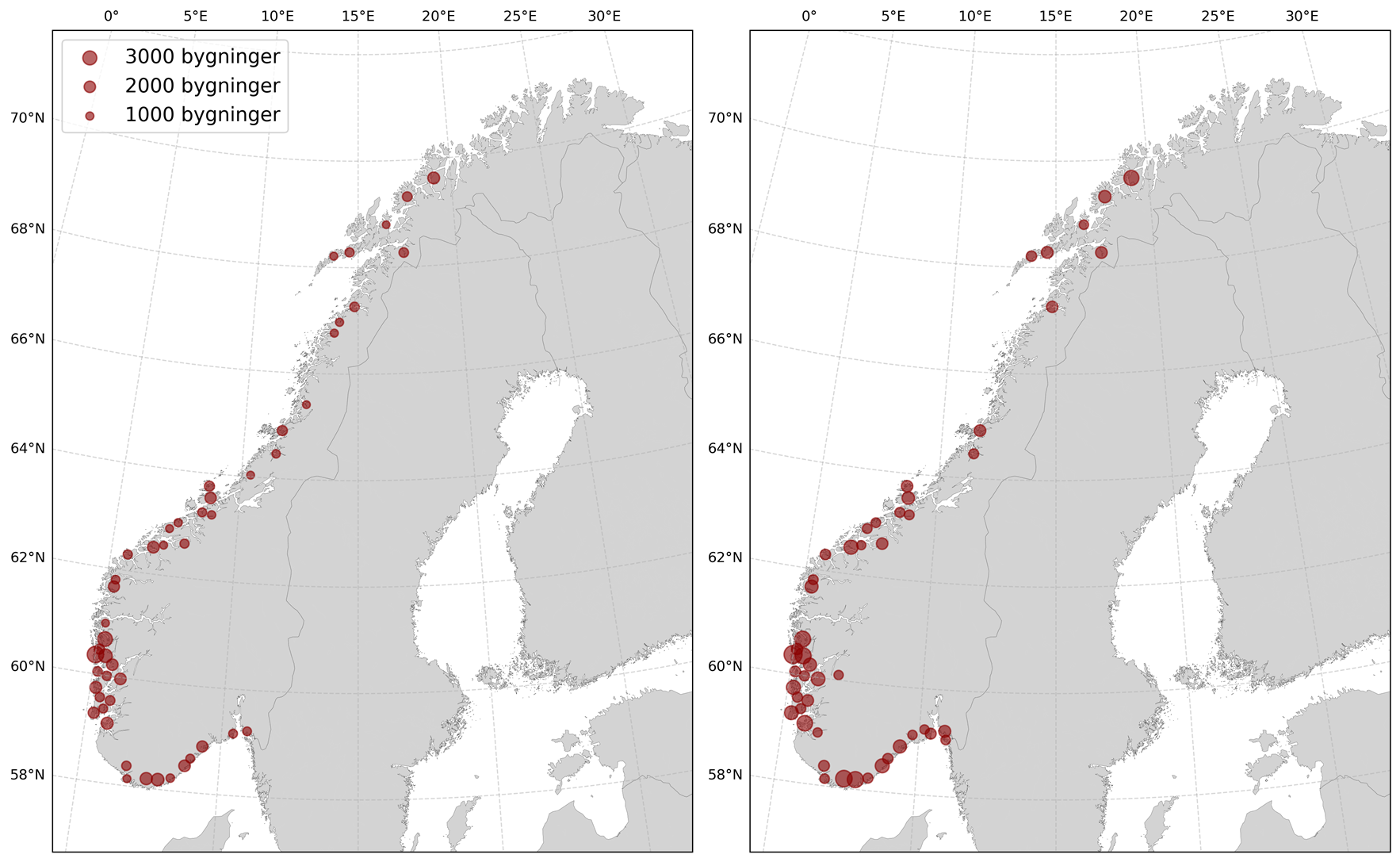 Norgeskart med mark&oslash;rer i ulik st&oslash;rrelse som representerer de 50 kommunene i Norge med flest utsatte bygninger ved 200-&aring;rs stormflo dersom denne inntreffer med dagens havniv&aring; og med havniv&aring; framskrevet til 2100. De fleste av de femti kommunene er &aring; finne p&aring; Vestlandet, S&oslash;rlandet og Nord-Vestlandet b&aring;de med dagens havniv&aring; og i framtiden.