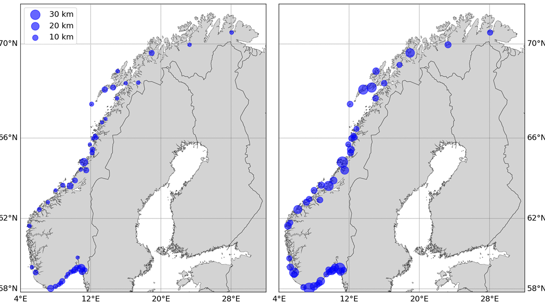 Norgeskart som viser de 50 kommunene med flest kilometer vei utsatt ved 200 års stormflo dersom denne inntreffer med dagens havnivå (venstre) og med havnivå framskrevet til 2090 (høyre).