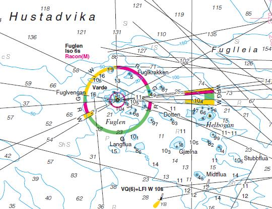 Utsnitt fra sj&oslash;kart som viser lyktsektormerke i farvann i Hustadvika.