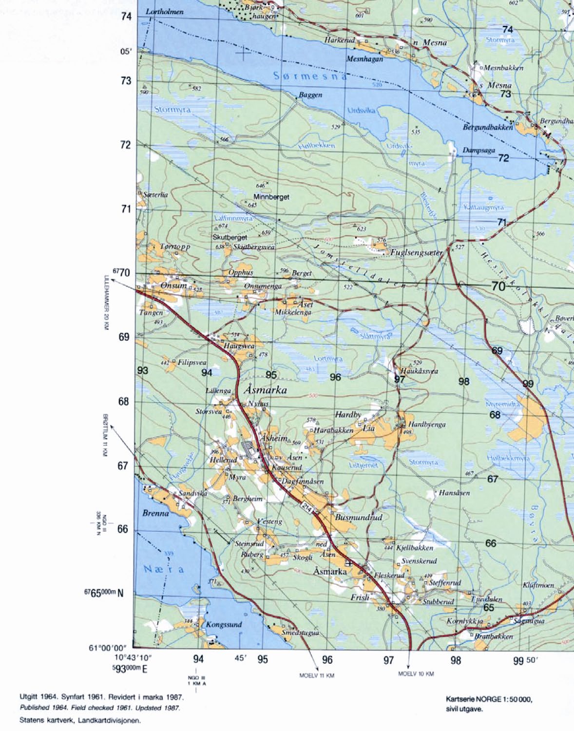Kartutsnitt av kartblad med rutenett og delar av kartramma.