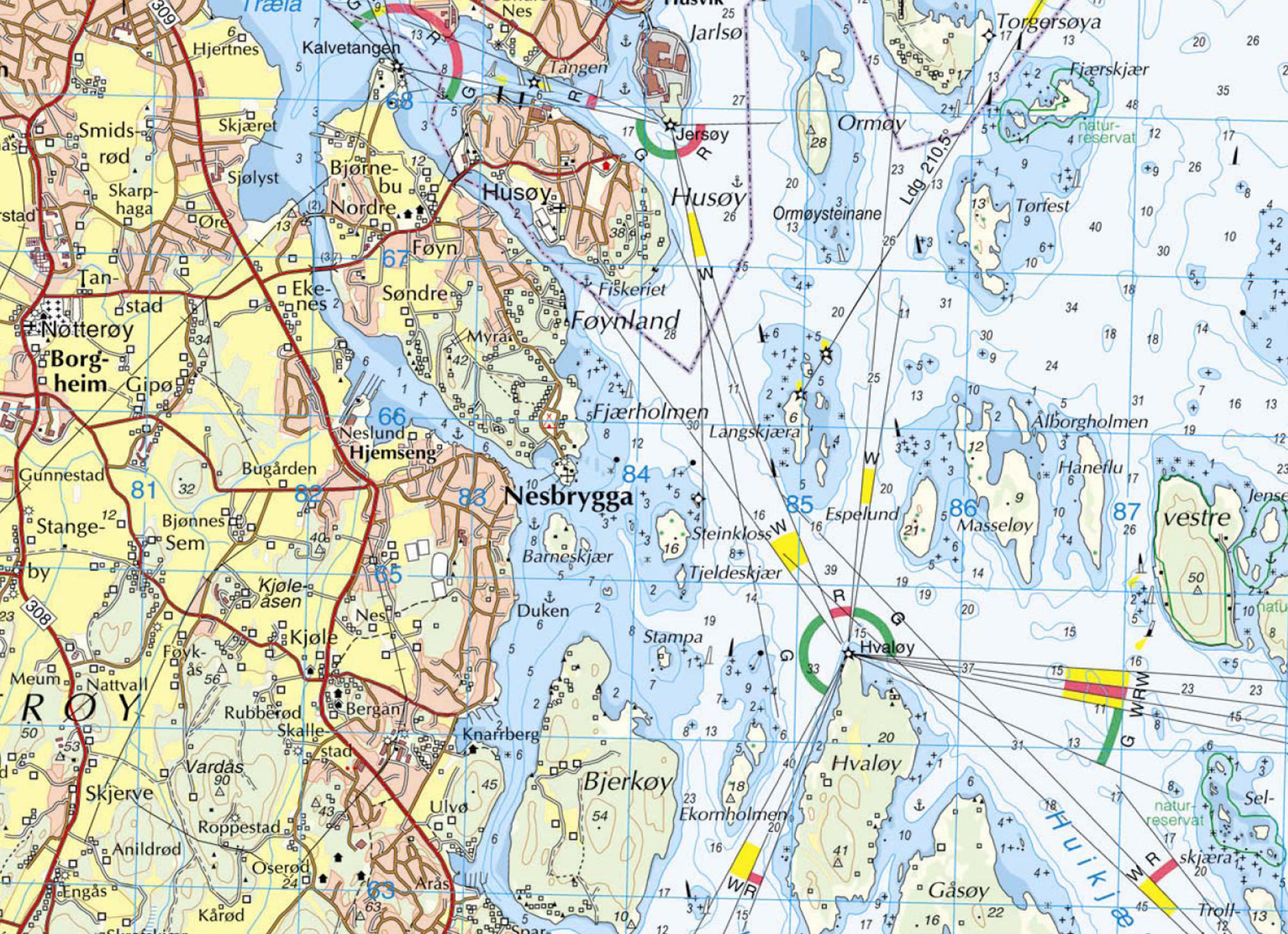 Kartusnitt som visar landkart med sj&oslash;innhald - detaljar fr&aring; sj&oslash;kart.