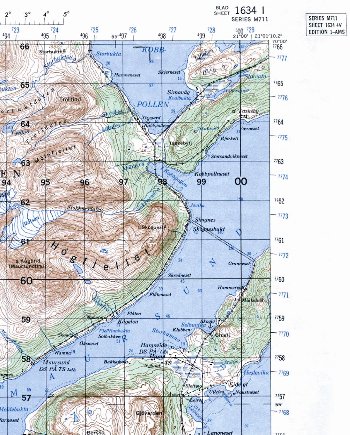 Kartusnitt fr&aring; M711-kart som dekkjer omr&aring;de i Troms.