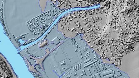 Bilde fra Nasjonal detaljert høydemodell (NDH) som viser flomsonekart for bebygd strøk
