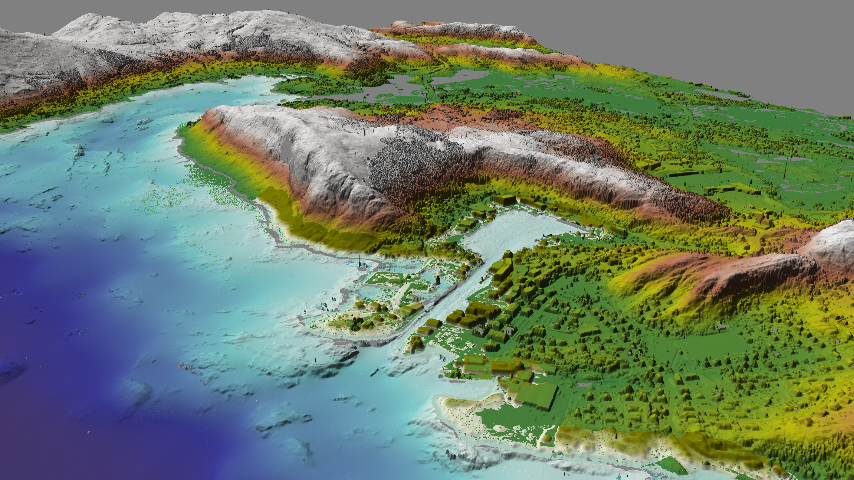 Kystlandskap generert fra høydedata og djupnedata