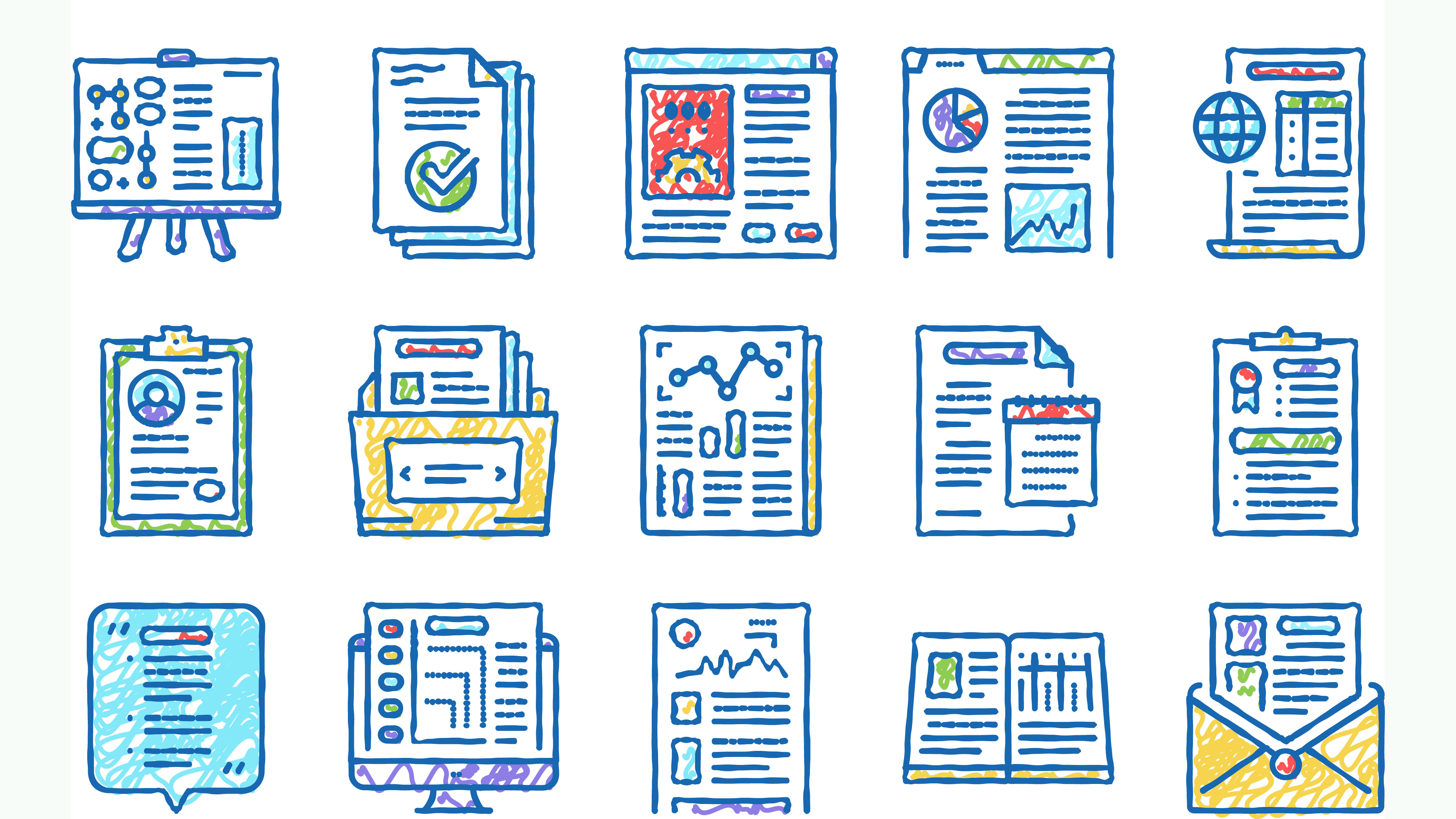 Ulike rapporter og grafiske ikon satt opp i en grid/ ramme på 5 x 4 ikoner