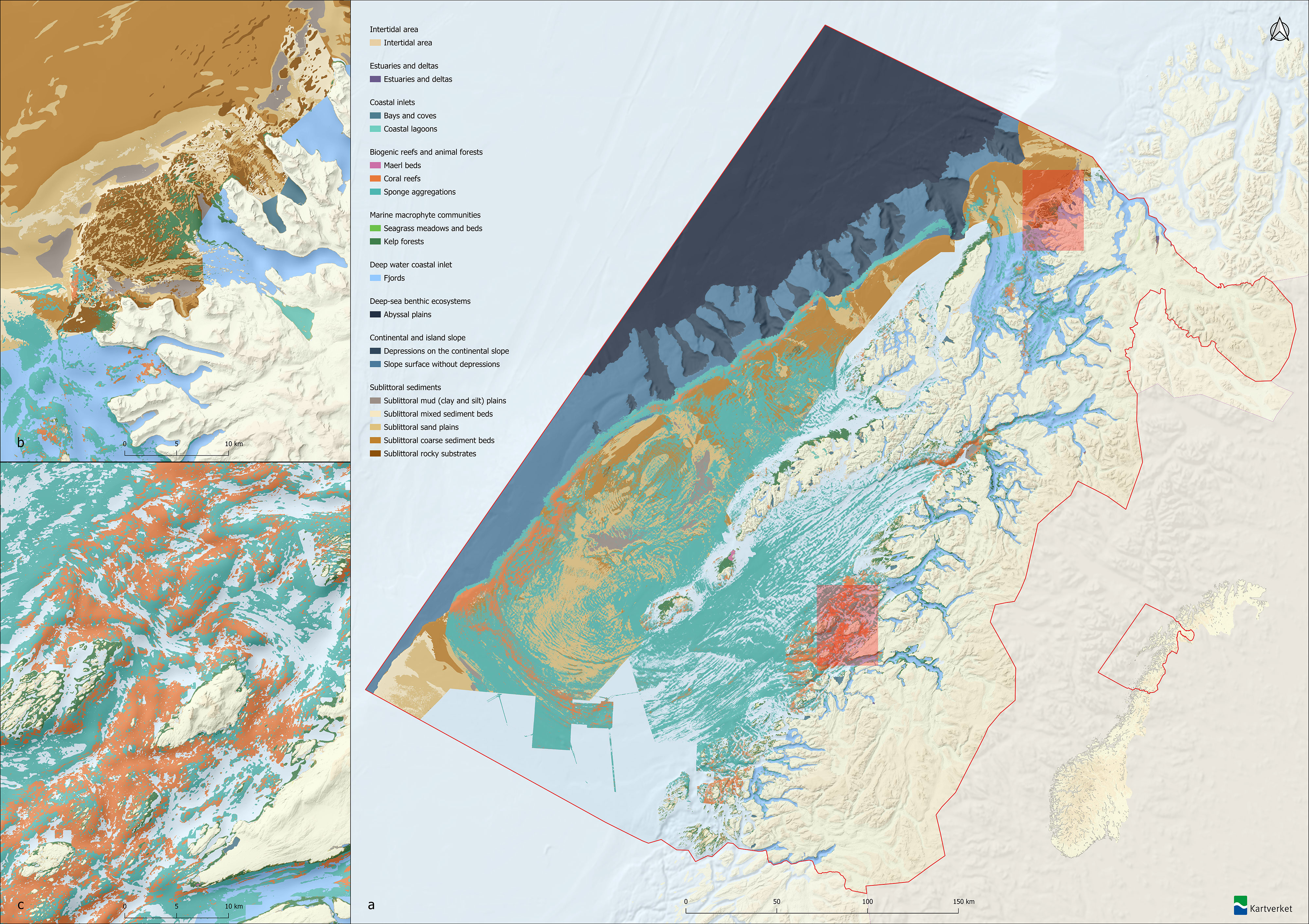 Tre-delt kart over pilotområdet. Det ene kartutsnittet viser mindre enheter som bukter og laguner, men også hvordan flere økosystemtyper overlapper substratinformasjon i bakgrunnen. Dette er også tydelig på tredje utsnitt, med stor overlapp mellom korallrev og svamphager, mens tareskogen forekommer i grunnere vann som et tynt belte langs kysten.