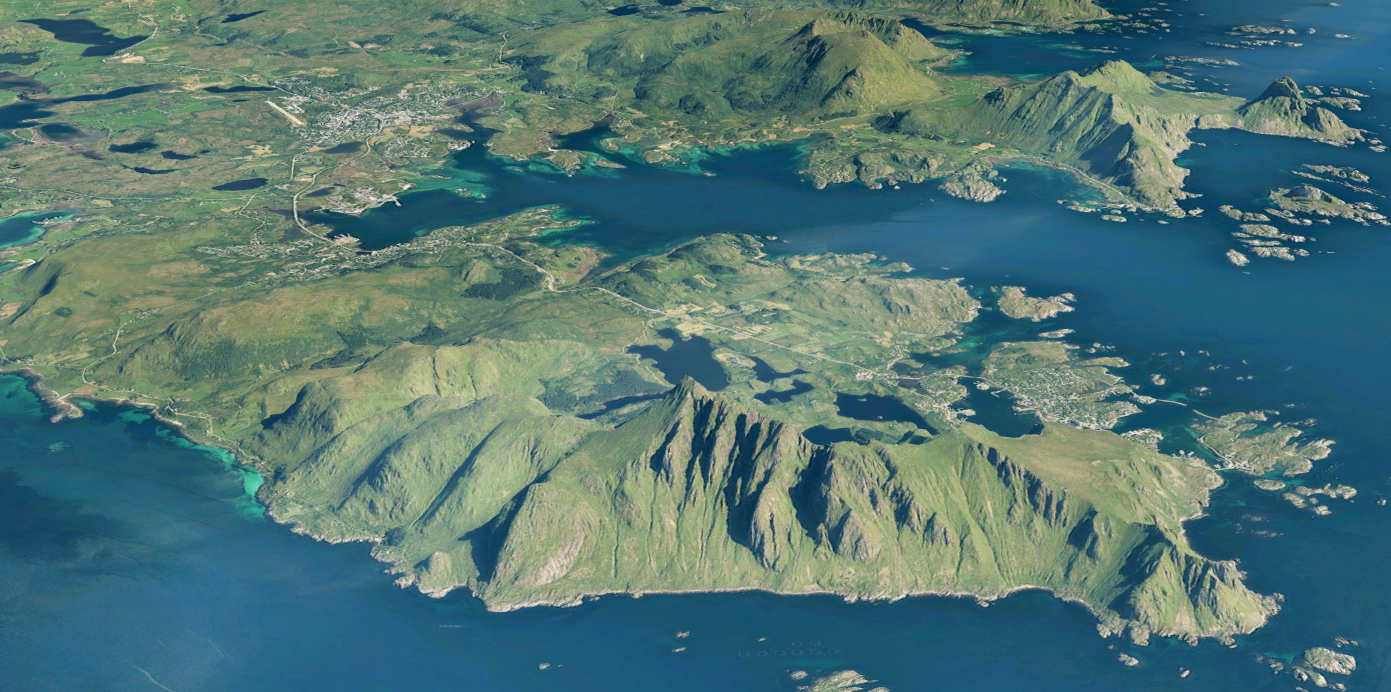 Terrengmodell mesh av Leknes-omr&aring;det i Lofoten som viser en 3D-aktig framstilling med skyggekonturer i fjellsidene og m&oslash;rkere havdyp
