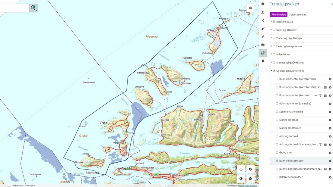 Utsnitt av kartet over bunnfellingsområder (blåfiolett farge) fra Ålesund og Giske.