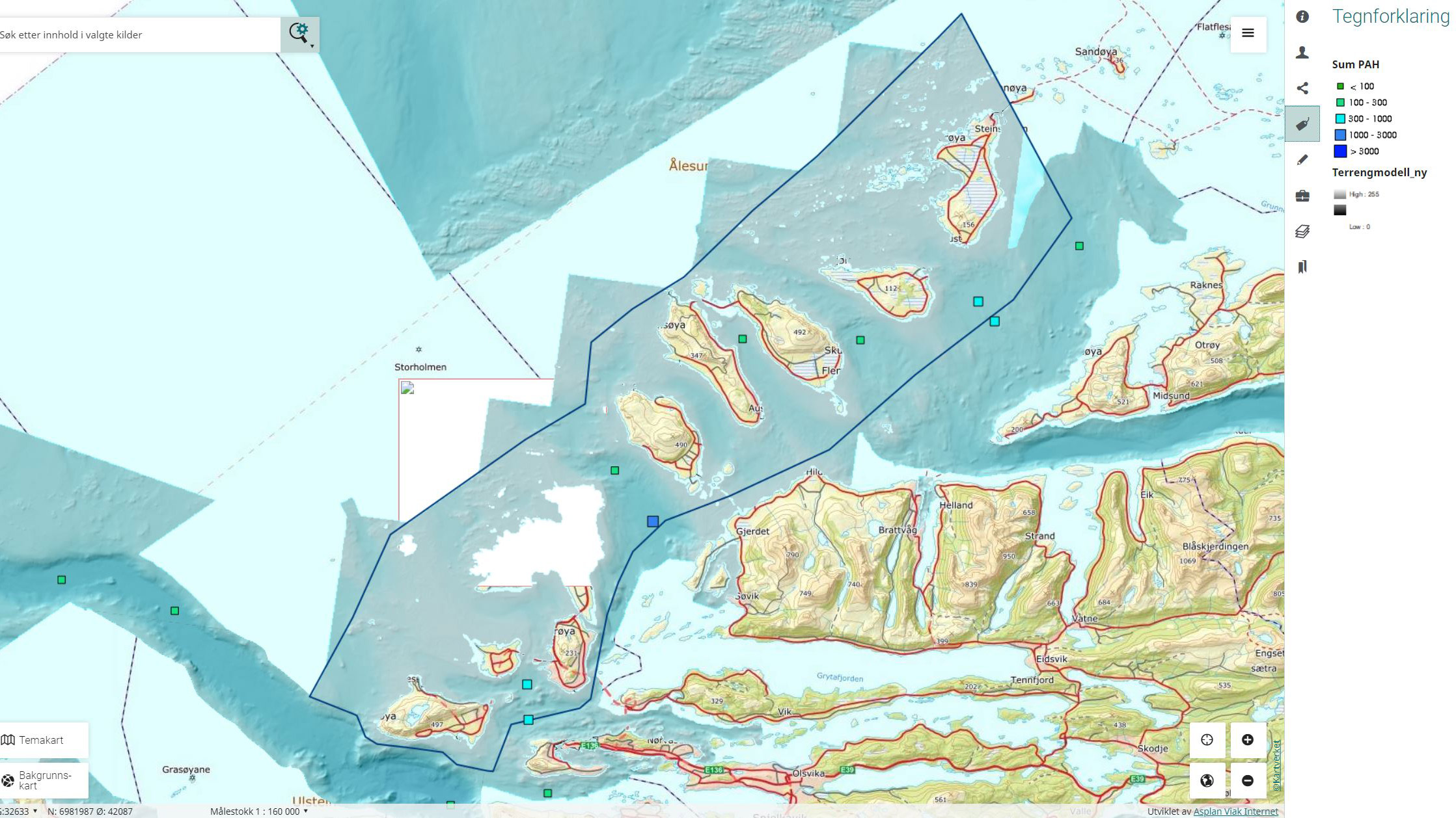 Kart viser summerte niv&aring;er av den organiske milj&oslash;giften PAH i overflatesedimenter i p&aring; sj&oslash;bunnen i &Aring;lesund og Giske.