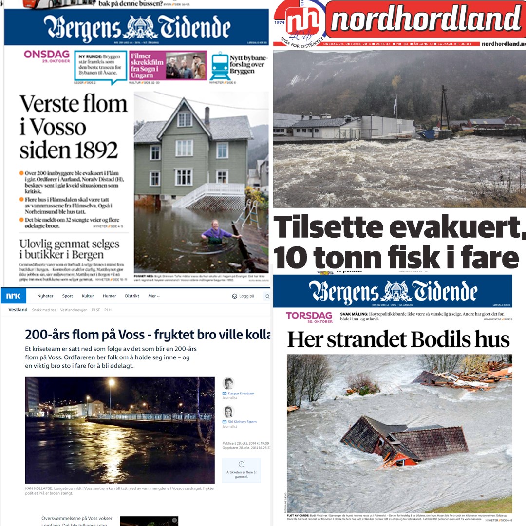 Faksimile fra aviser etter flommen i Voss 2014
