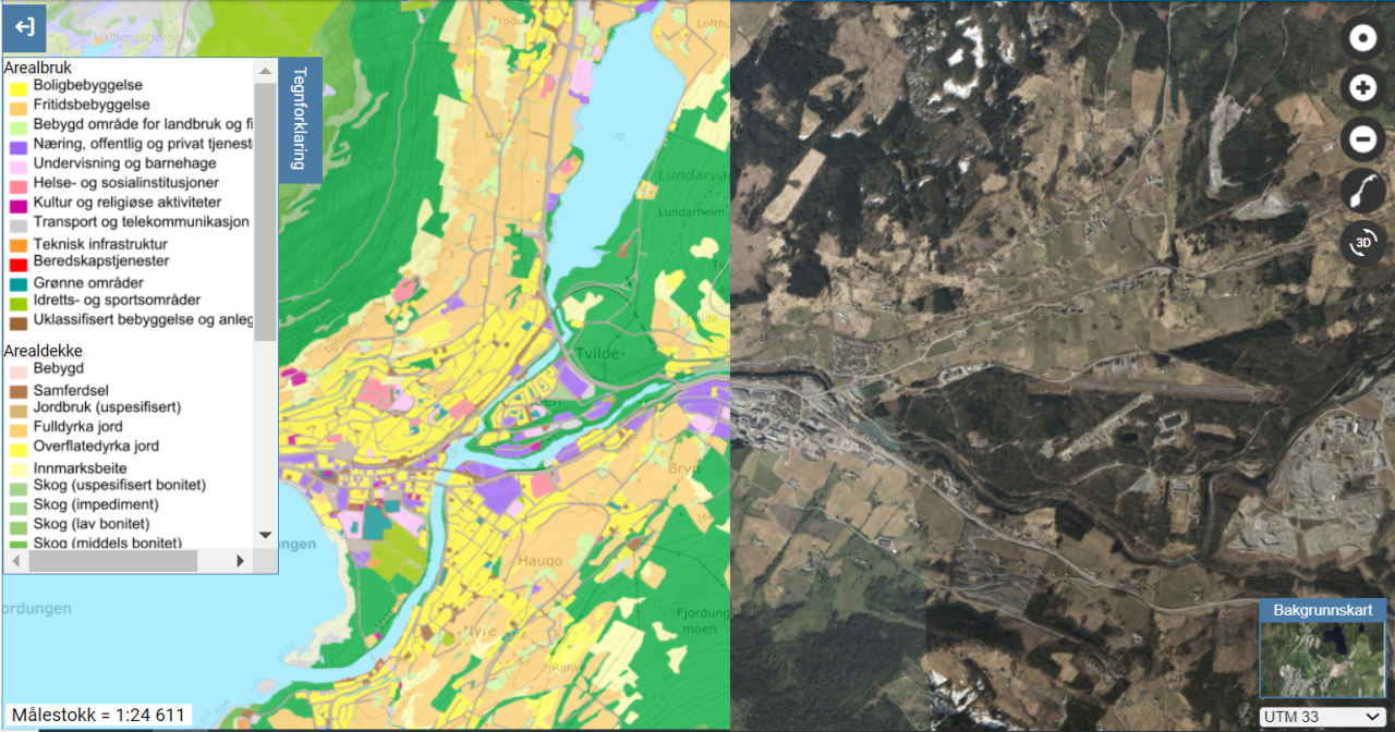 Grunnkart over flybilde fra Voss i Vestland. Grunnkartet sammenfatter informasjon om arealdekke, arealbruk og &oslash;kosystemer. Her vises bare arealdekke og arealbruk.