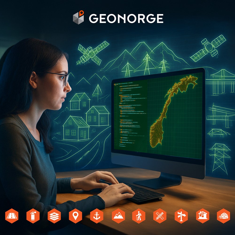 KI-generert illustrasjon av kvinnelig utvikler foran PC-skjerm med geodatasymbol rundt seg