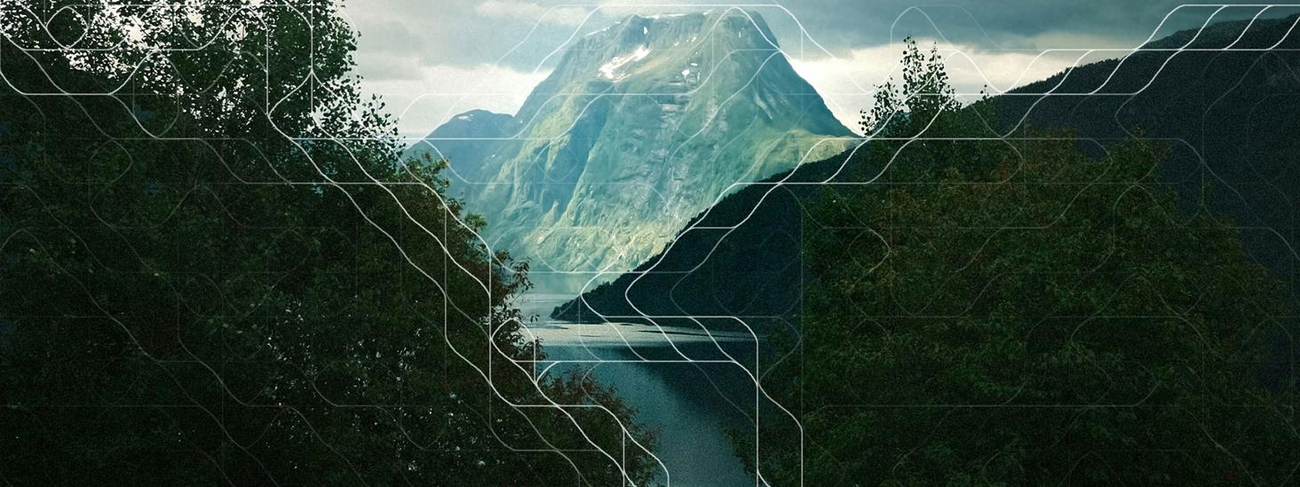 Fjell og fjord sett gjennom lauvverk, med dataanimert mønster foran.