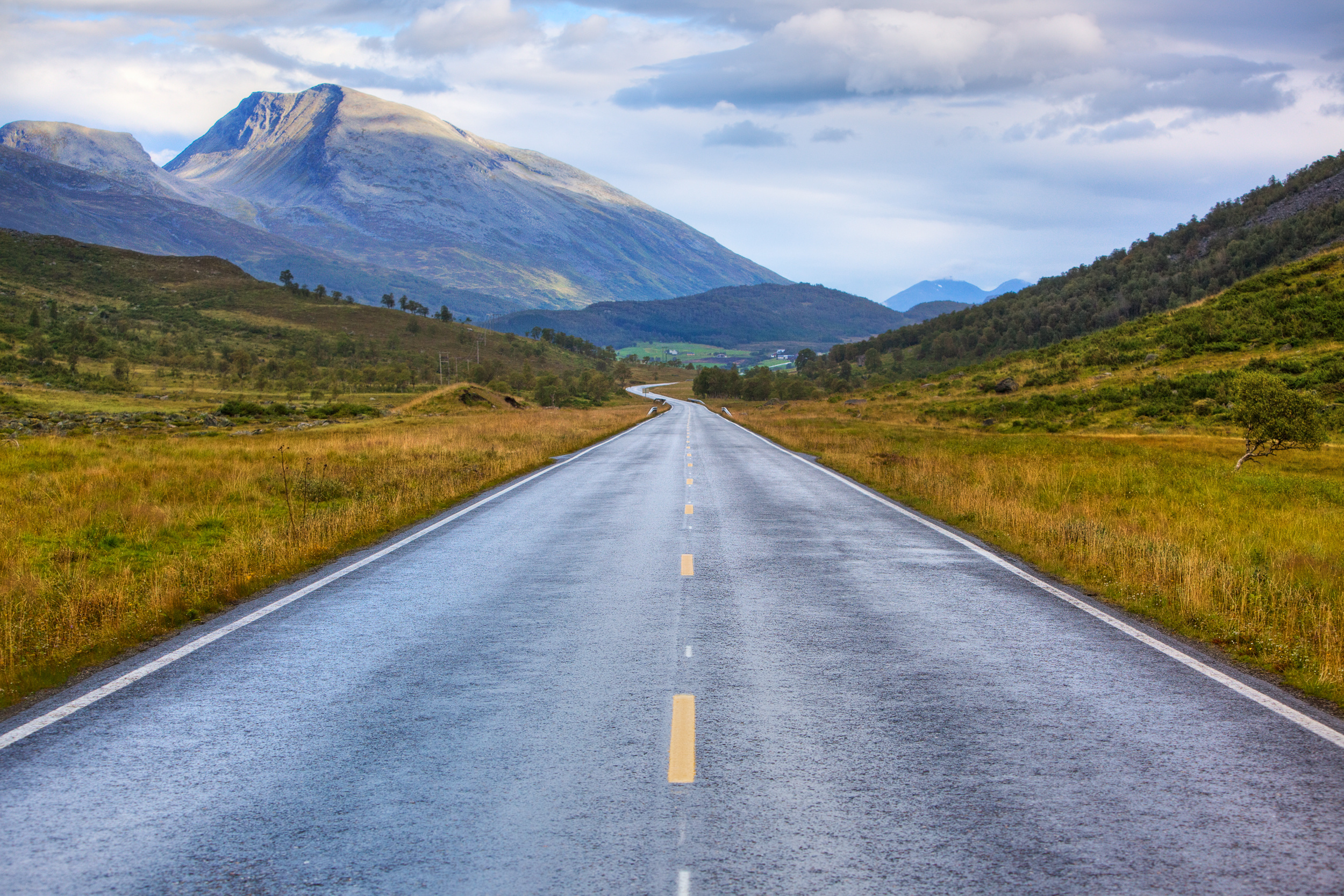 Asfaltert vei som forsvinner bak &aring;ser mot fjell.