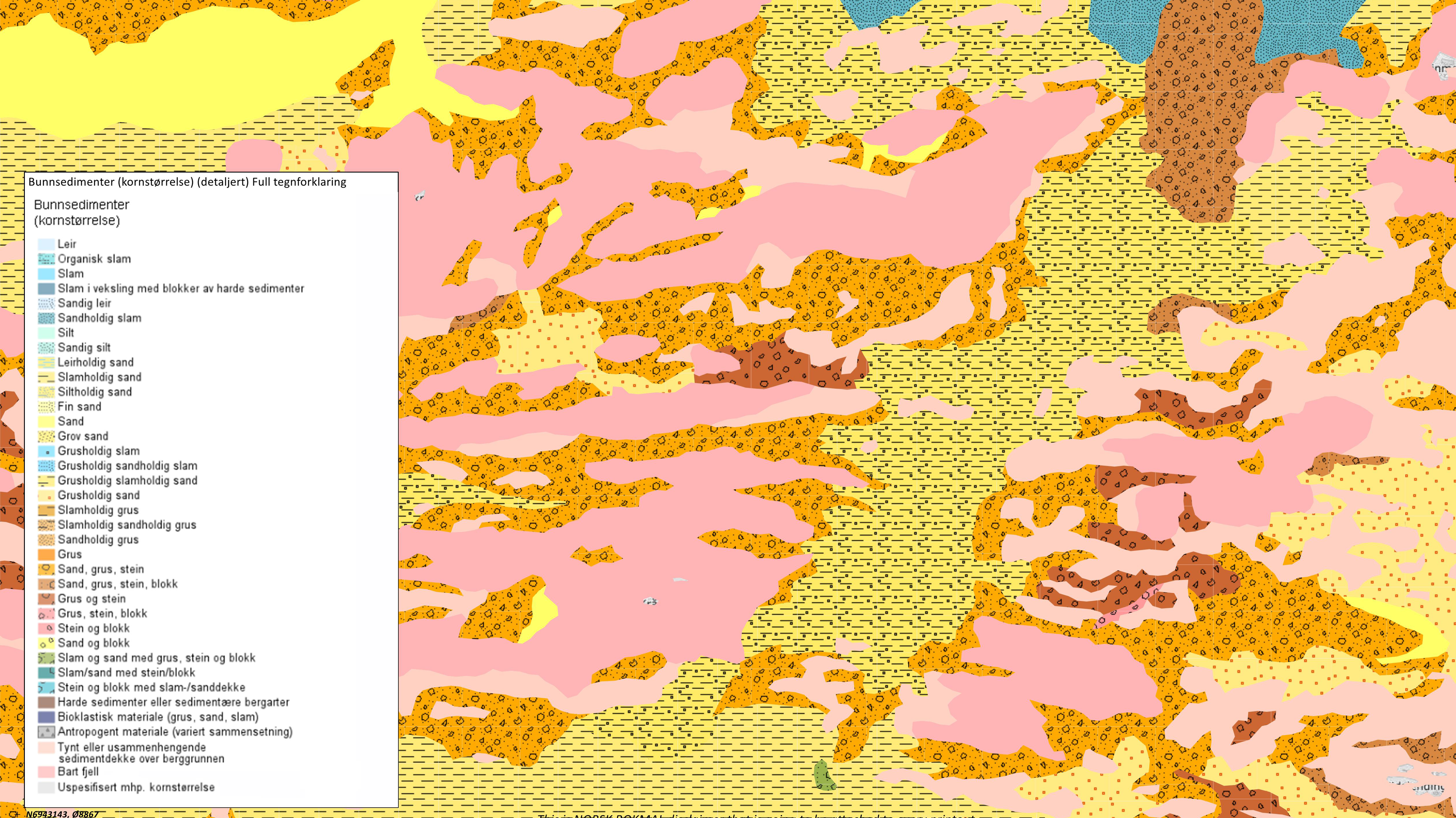 Kartustnitt som viser ulike typer bunnsedimenter i havomr&aring;de p&aring; M&oslash;re. 