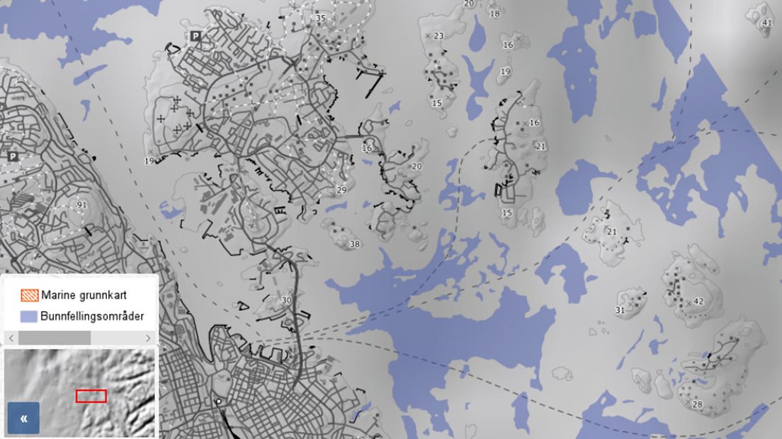 Utsnitt av kartet Bunnfellingsområder med tegnforklaring.