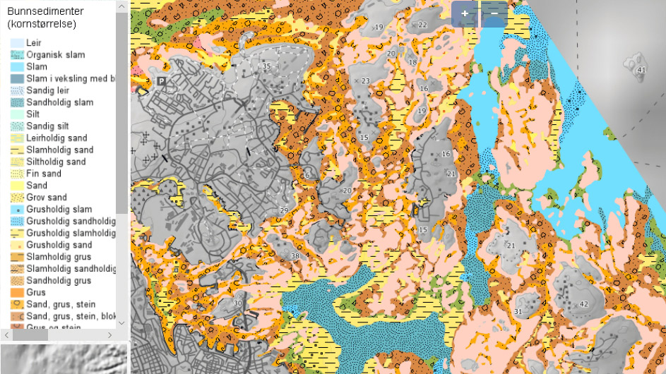 Utsnitt av kartet Bunnsedimenter (kornst&oslash;rrelse) med tegnforklaring.