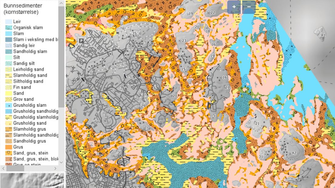 Utsnitt av kartet Bunnsedimenter (kornstørrelse) med tegnforklaring.