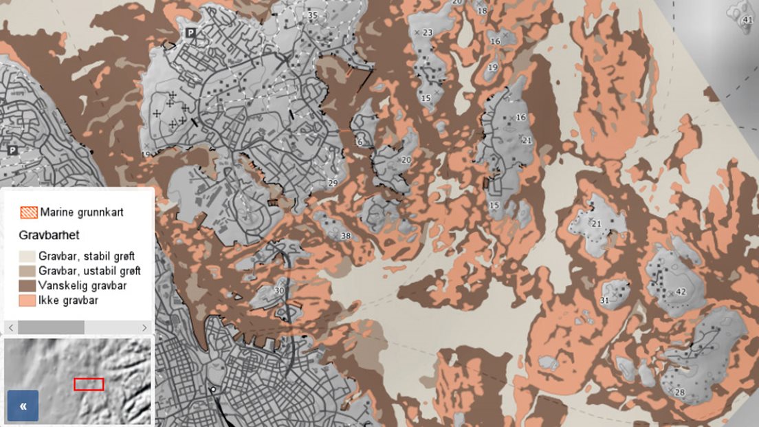 Utsnitt av kartet Gravbarhet med tegnforklaring.