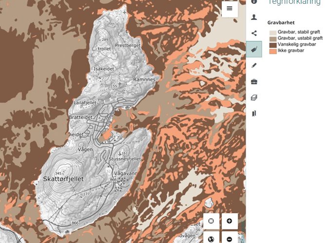 Utsnitt av kartet over gravbarhet fra området rundt Skjervøya.