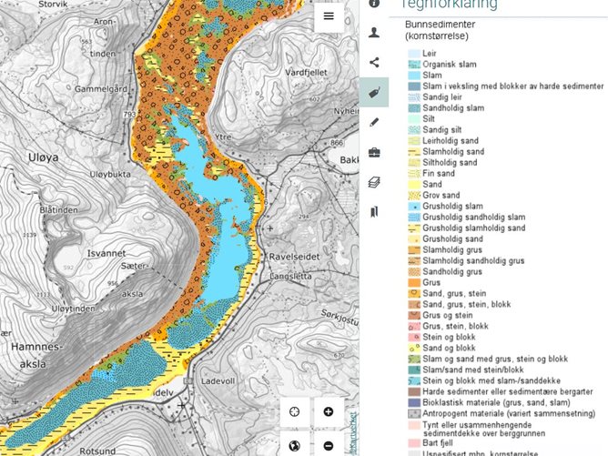 Utsnitt av kartet over bunnsedimenter (kornstørrelse) fra Rotsundet.