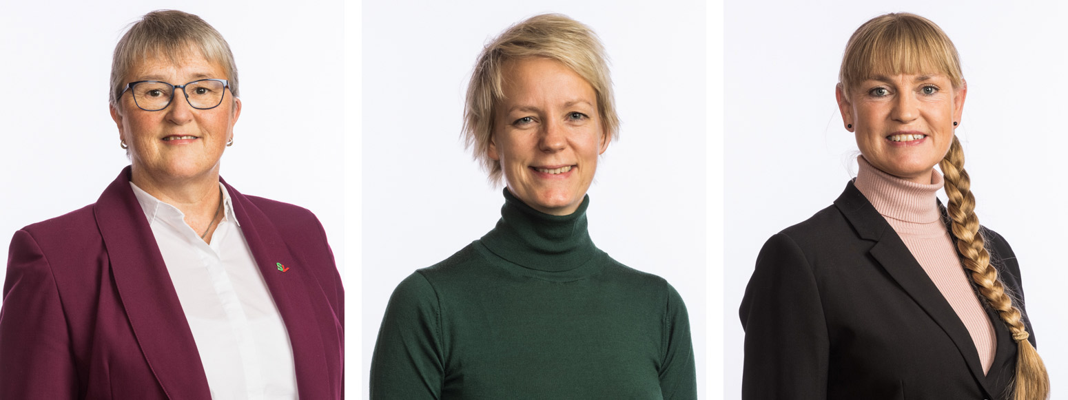 Portrettfoto av Brigit Oline Kjerstad, Ingrid Fiskaa, Grete Wold. Politikere i SV.