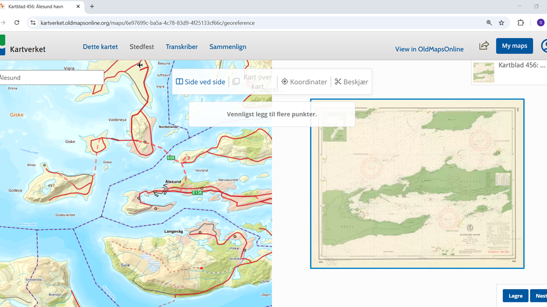 Illustrasjon av hvordan gamle kart georefereres.