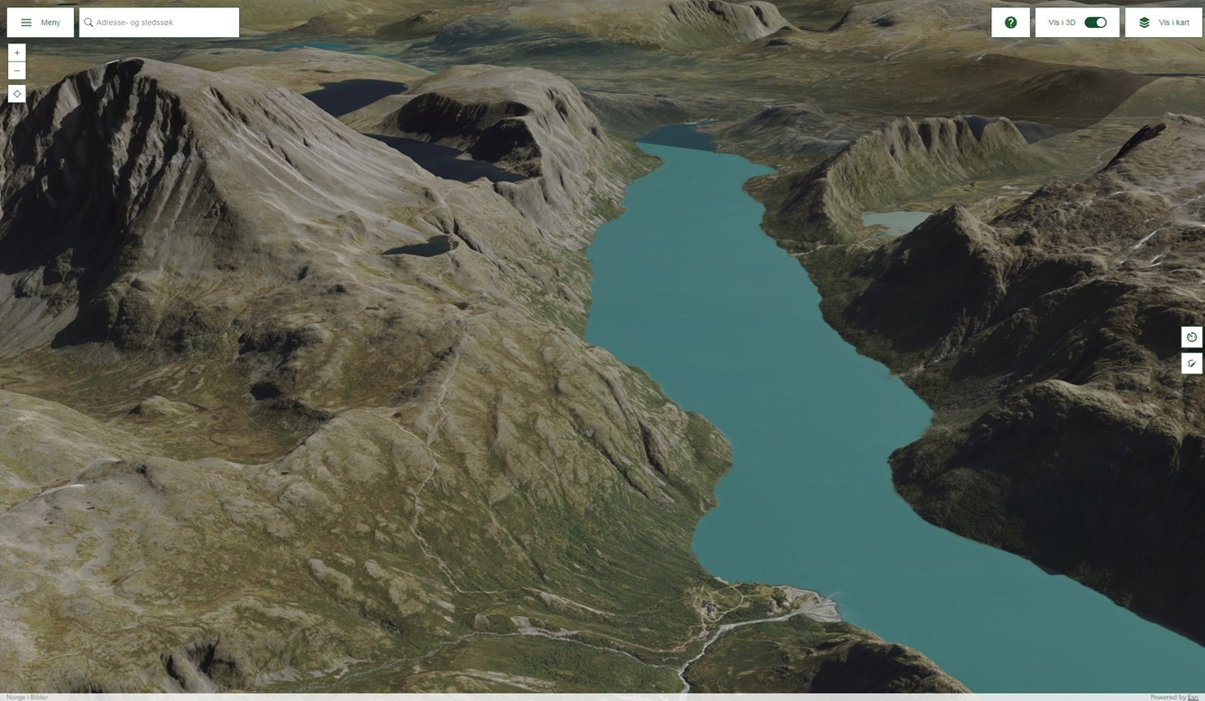 Skjermdump fra norgeibilder.no mes 3D-visning av Besseggen.