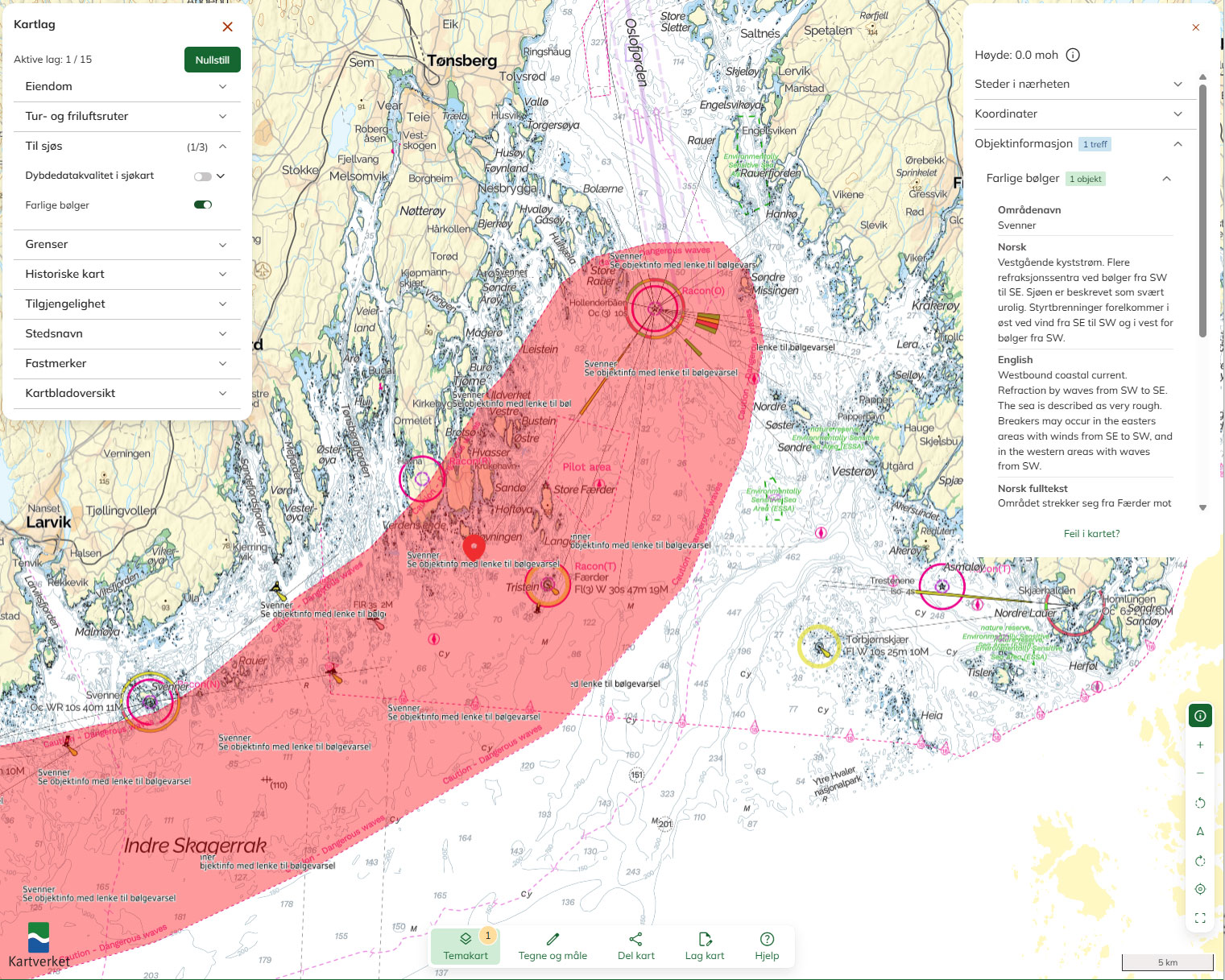 Skjermdump fra Norgeskart.no som viser farlige bølger i Skagerak