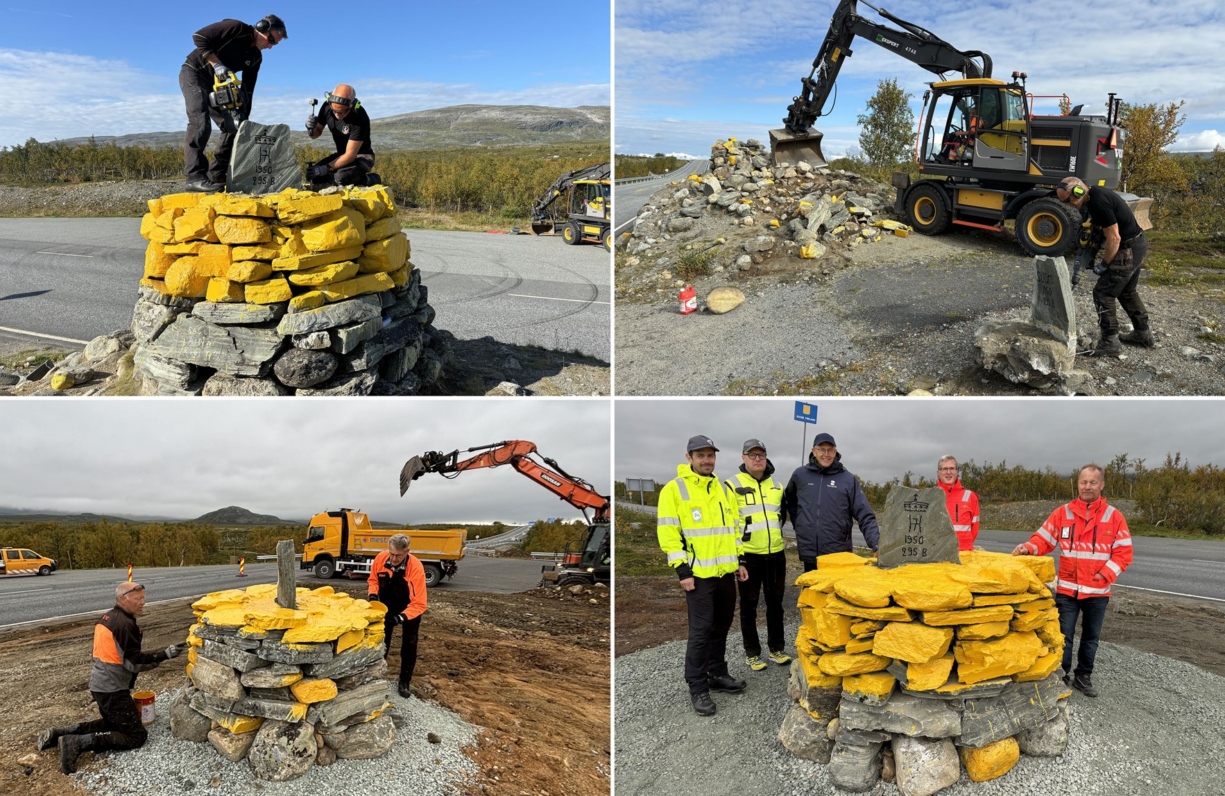 Montasje av fire bilder som viser riving og bygging av ny riksrøys ved E8