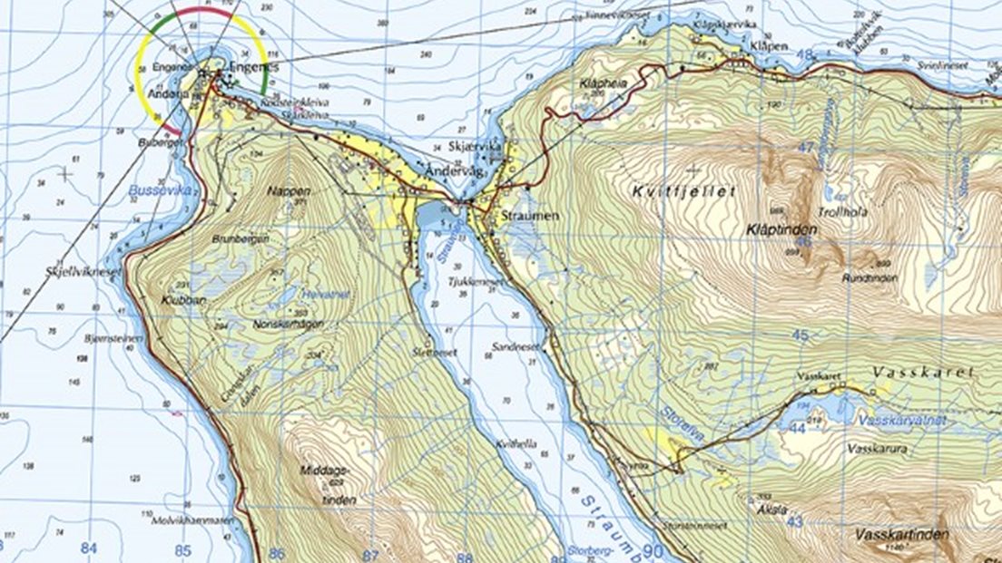 Blått: Dei blå linjene er rutenettet i kartet