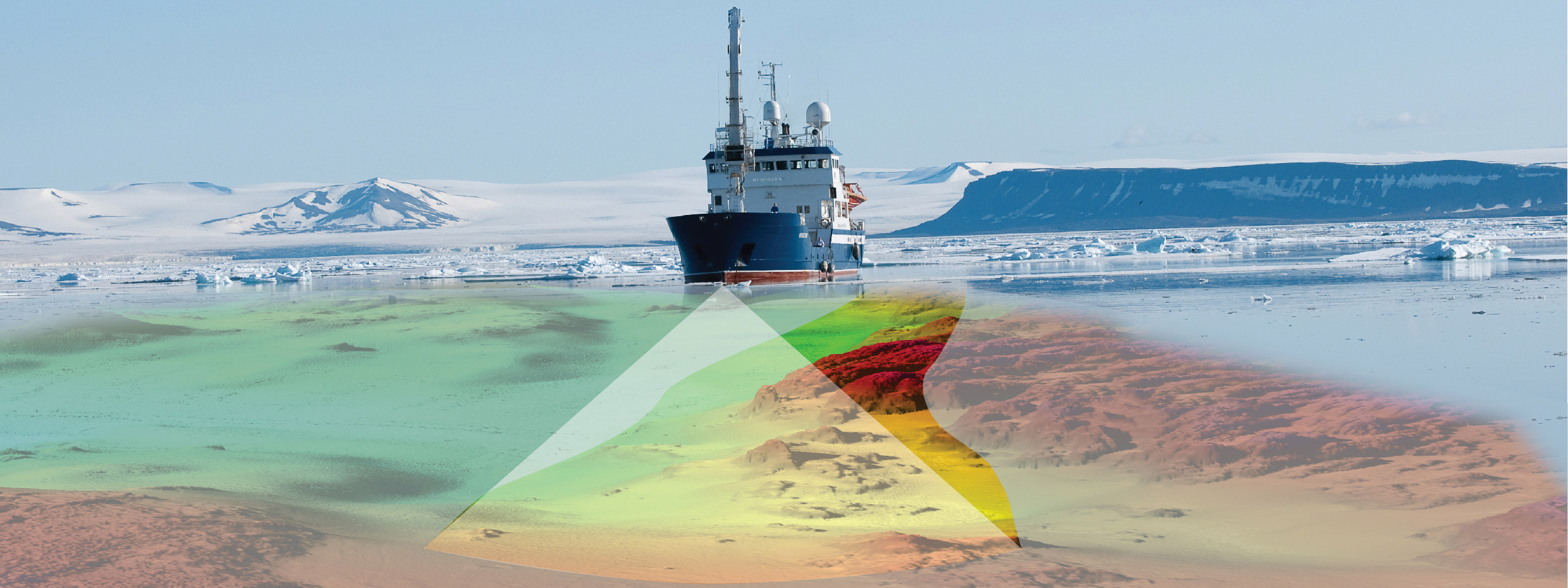 MAPPING: Vessel measuring the seabed with multi-beam echo sounder. The width of the track across the seabed that is covered is approximately 3.5 x the depth. Illustration The Norwegian Mapping Authority