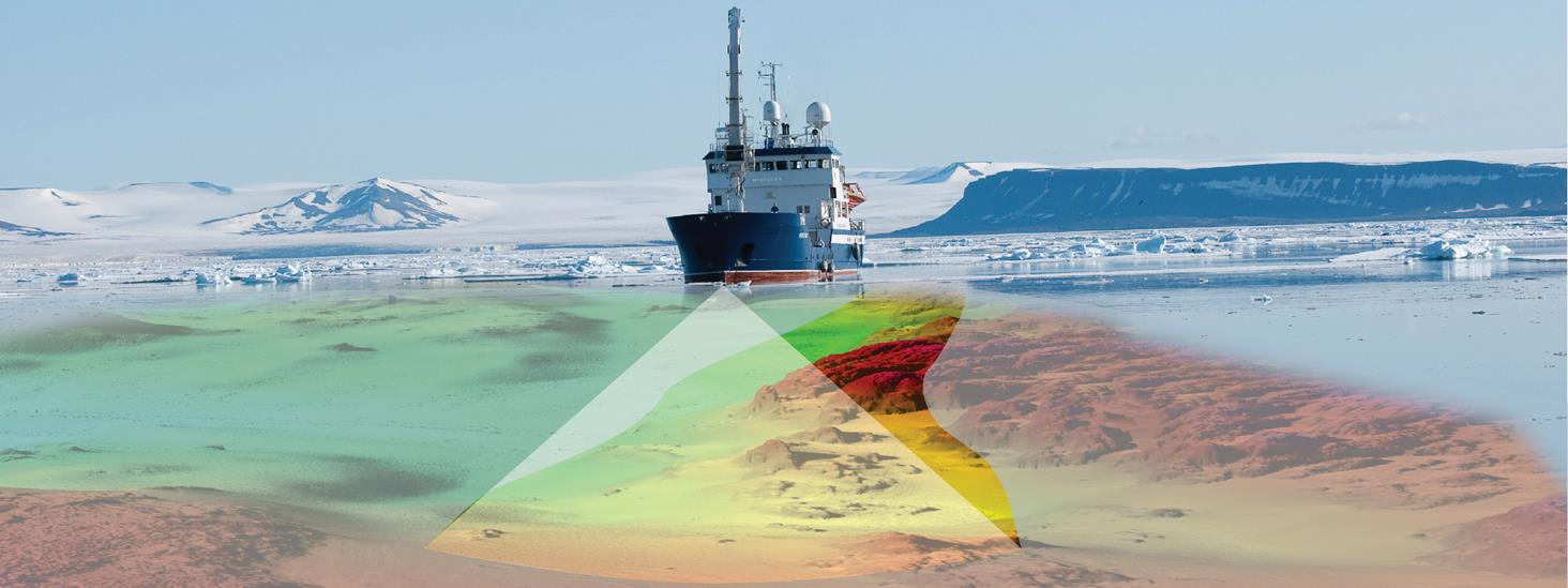 MAPPING: Vessel measuring the seabed with multi-beam echo sounder. The width of the track across the seabed that is covered is approximately 3.5 x the depth. Illustration The Norwegian Mapping Authority