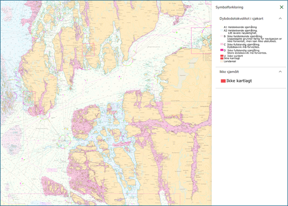 Kartutsnitt som ved hjelp av rosa farger viser kvaliteten på dybdedata.