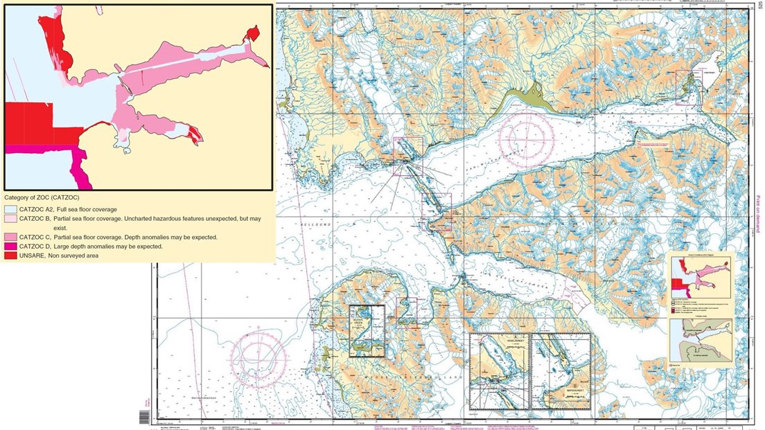 Eksempel på ZOC-diagram vist i papirsjøkart med sjøkart i bakgrunnen. Kilde: Kartverket
