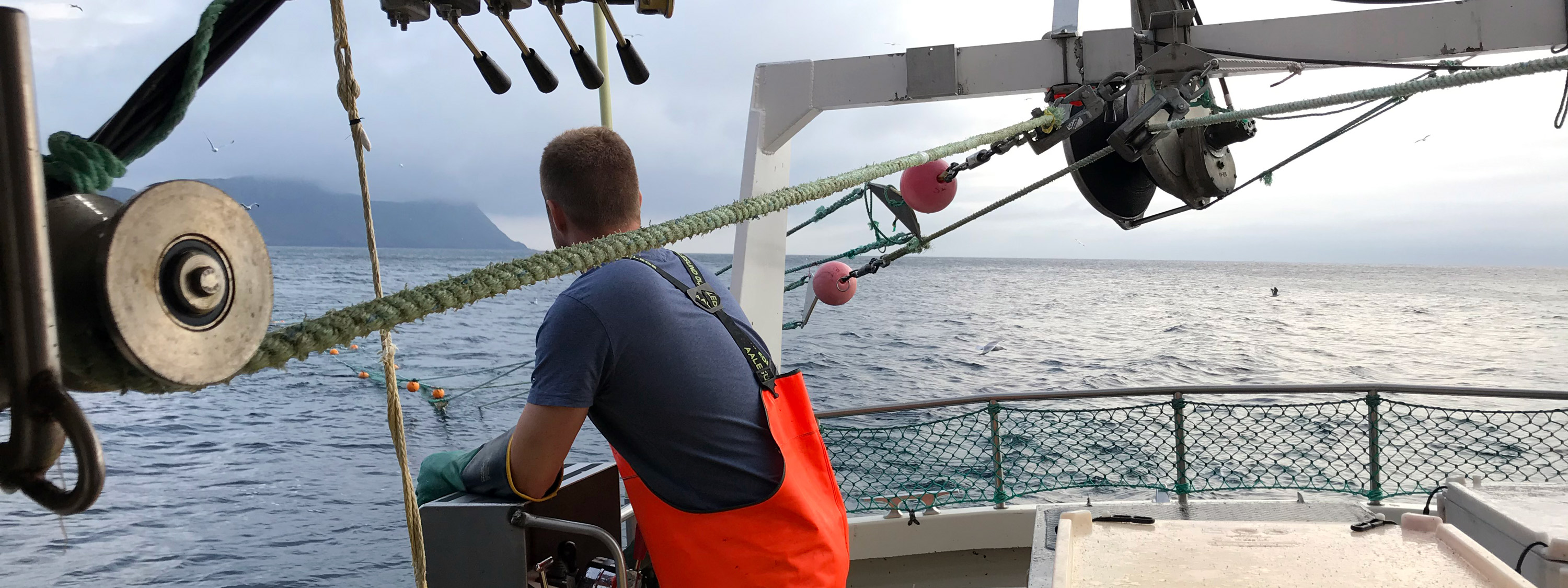 Mann i fiskebåt tar snurrevad om bord. Foto: Nils Roar Hareide