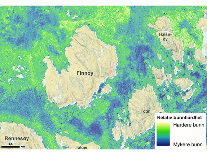 Kart som viser relativ bunnhardet. Kilde: NGU