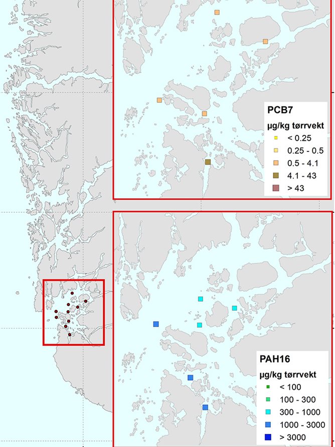 Kart som viser konsentrasjoner av miljøgifter. Kilde: NGU